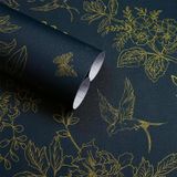 Papel De Parede Froluya Azul Escuro Vintage Floral 45x500cm