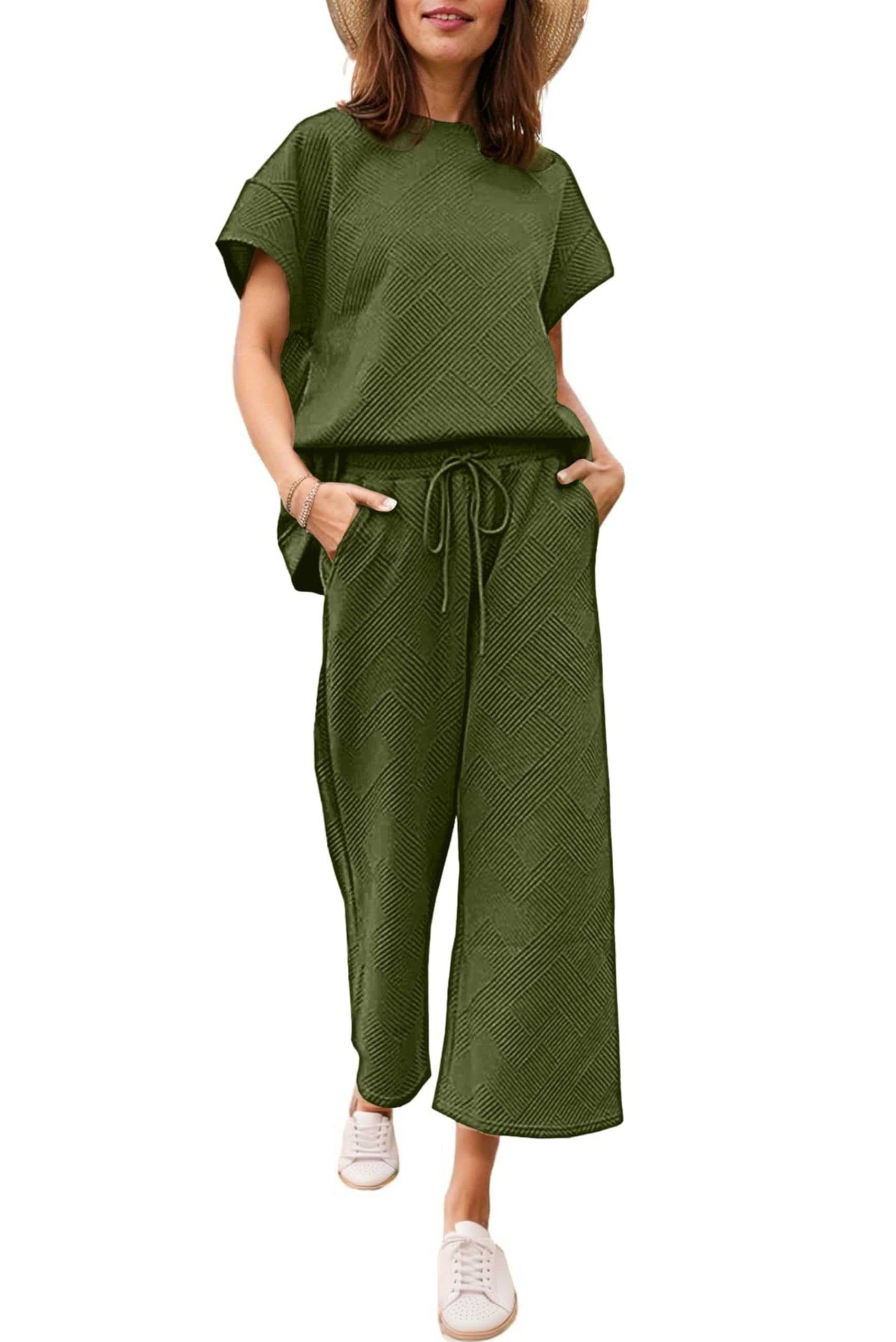 Conjunto De Agasalhos Femininos Ekouaer, Pulôver, Manga Curta, Calça De Moletom Com Pernas Largas