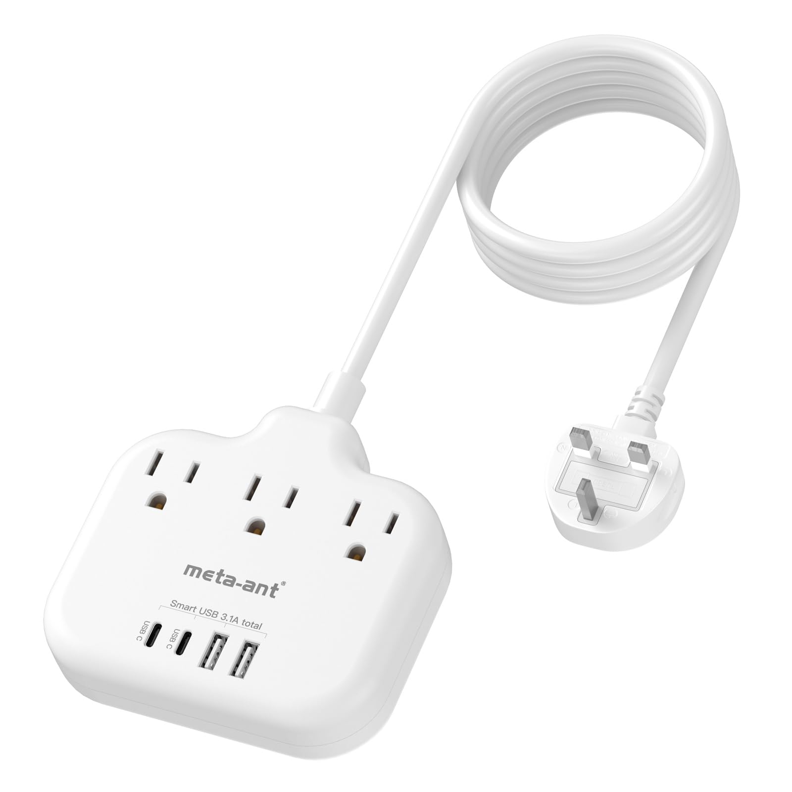 Adaptador De Viagem Meta-ant Tipo G Dos Eua Para O Reino Unido Com Cabo De 5 Pés E 3 Tomadas
