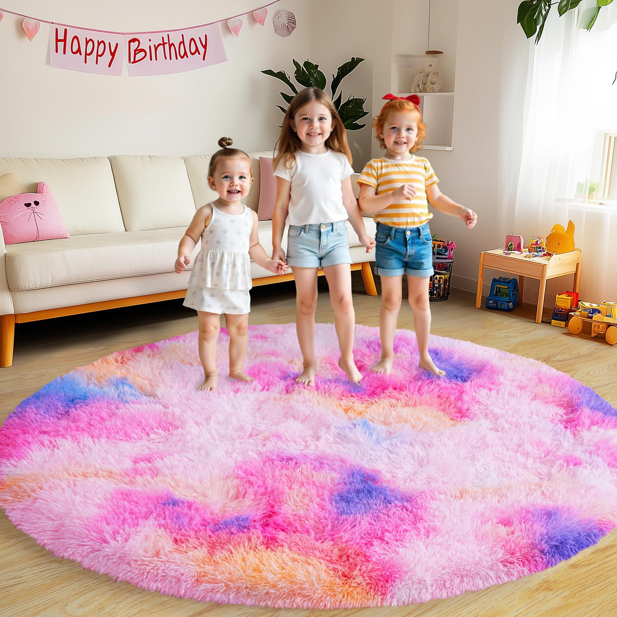 Tapete Area Xexsin Fluffy Round 180 Cm Dark Rainbow Para Quarto