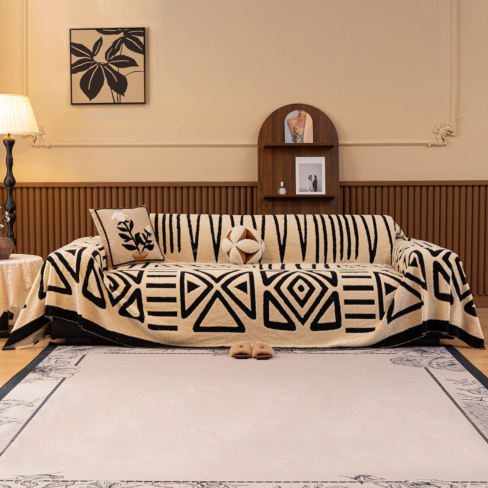 Capa De Sofá Handontime Boho Preta E Branca Para Sofá De 3 Almofadas