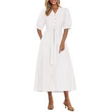 Vestido Midi Prettygarden 2025 Com Decote Em V, Manga Curta, Branco, Feminino