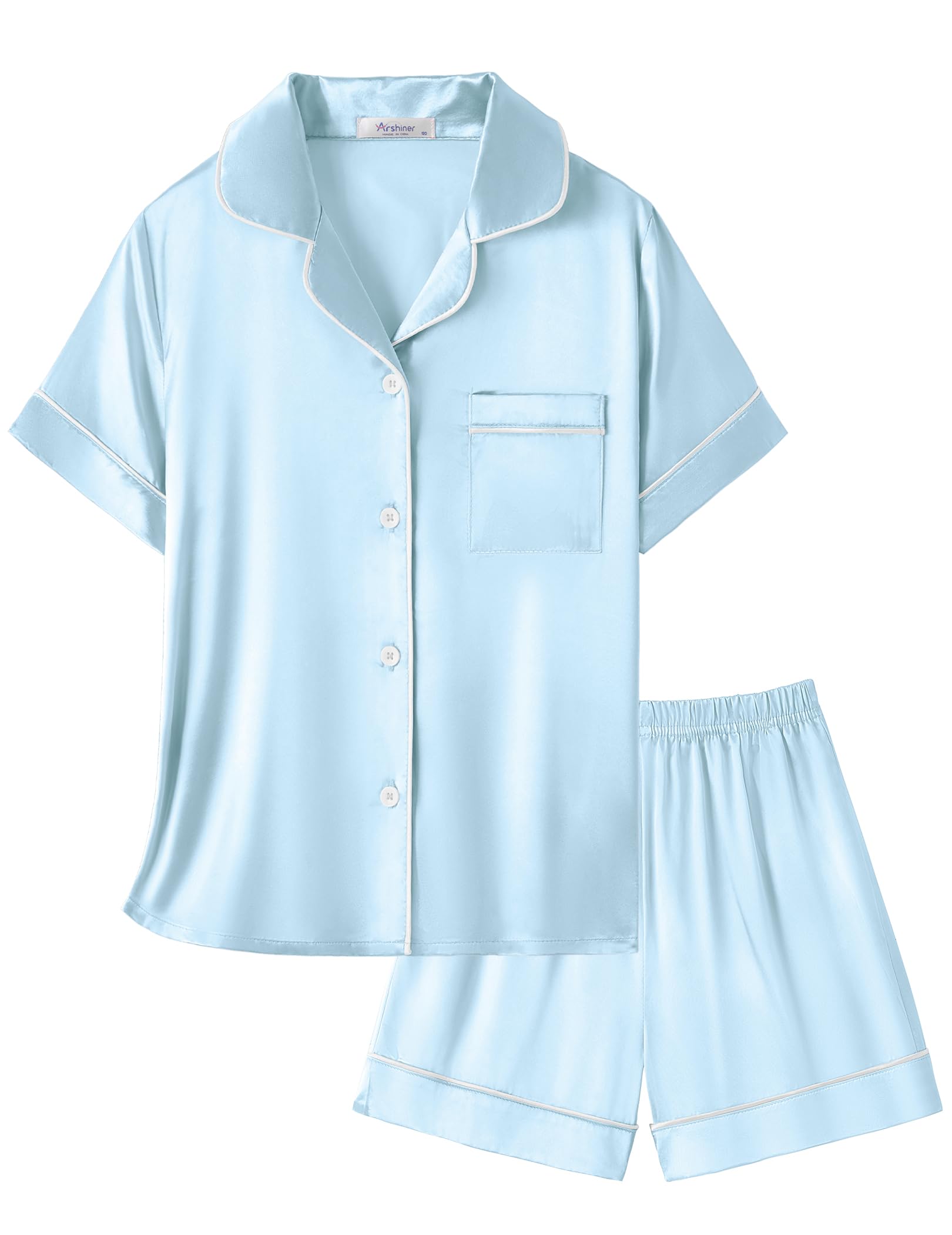 Conjunto De Pijamas Arshiner Girls Silk Satin Button Down, Azul Claro