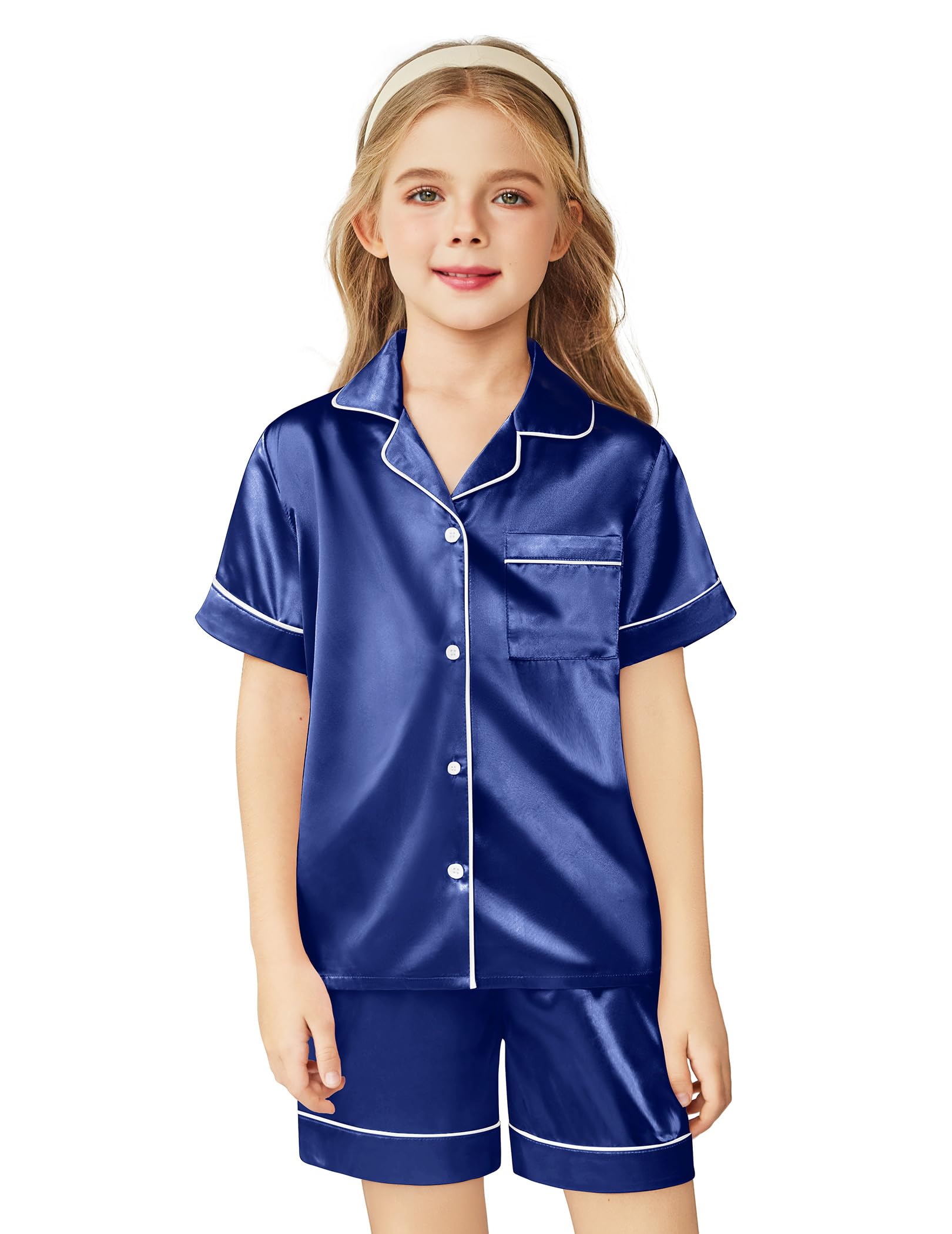 Conjunto De Pijamas Arshiner Girls Silk Satin Button Down Azul-marinho 4-5y