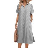 Vestido Hotouch: Linho, Manga Curta, Botão, Decote Em V, Listras Pretas