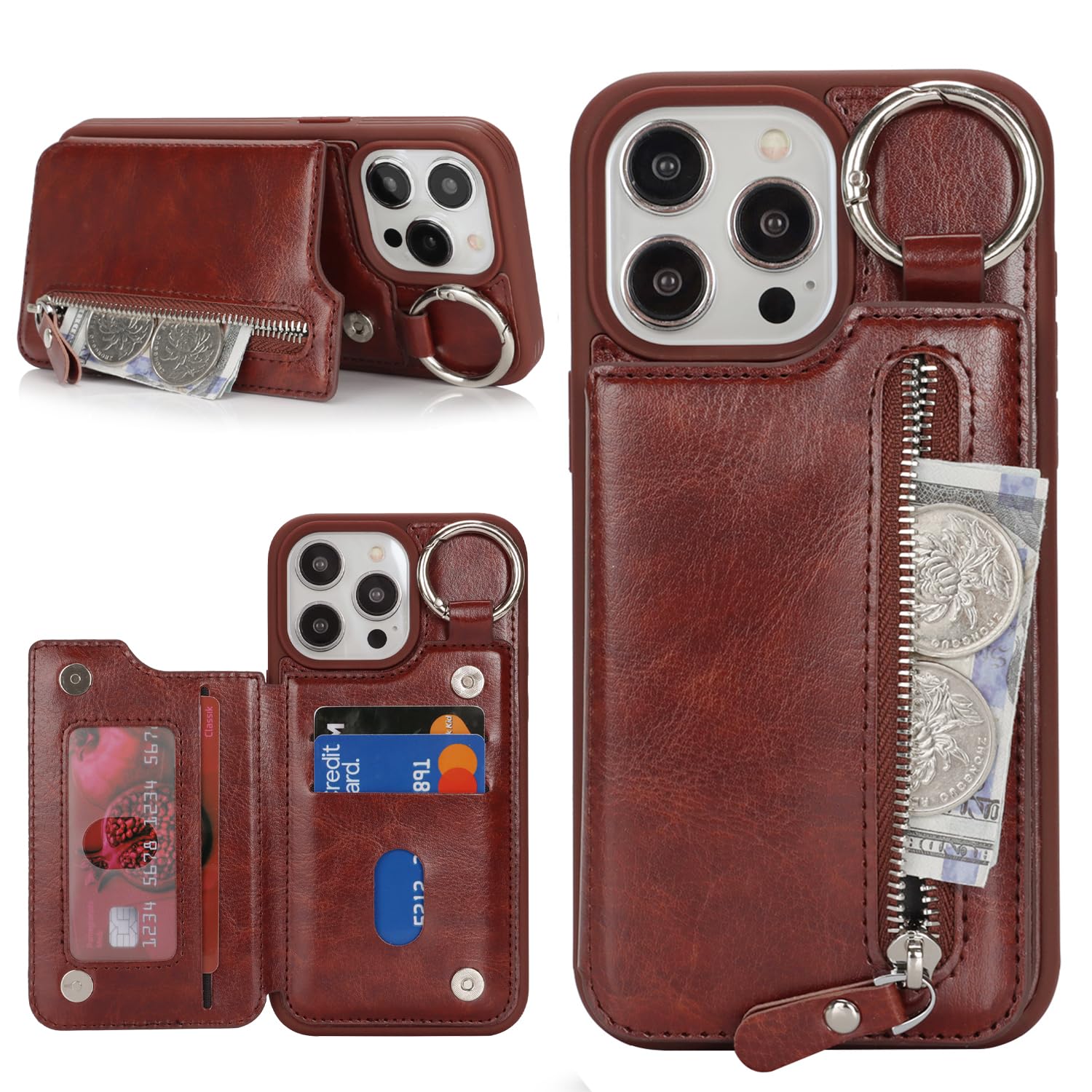 Capa De Telefone, Carteira Com Suporte De Cartão Para Iphone 14 Pro Max - Marrom