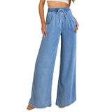 Jeans Sidefeel, Cintura Alta, Pernas Largas, Cordão, Jeans Femininos