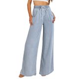 Jeans Sidefeel, Perna Larga, Cintura Alta, Cordão, Azul, Azul