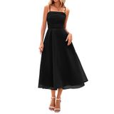 Vestido Feminino Prettygarden, De Verão, Com Alça Espaguete, Preto Midi