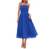 Vestido Feminino Prettygarden, De Verão, Com Alça Espaguete, Azul Midi