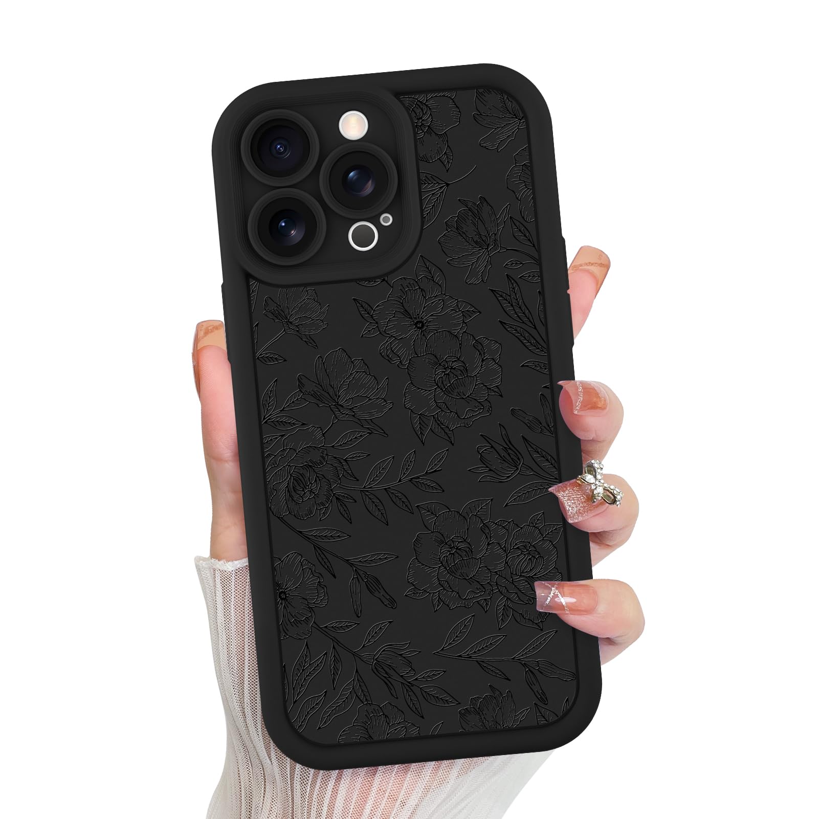 Capa De Telefone Mzelq Para Iphone 14 Pro Max Silicone Floral Black