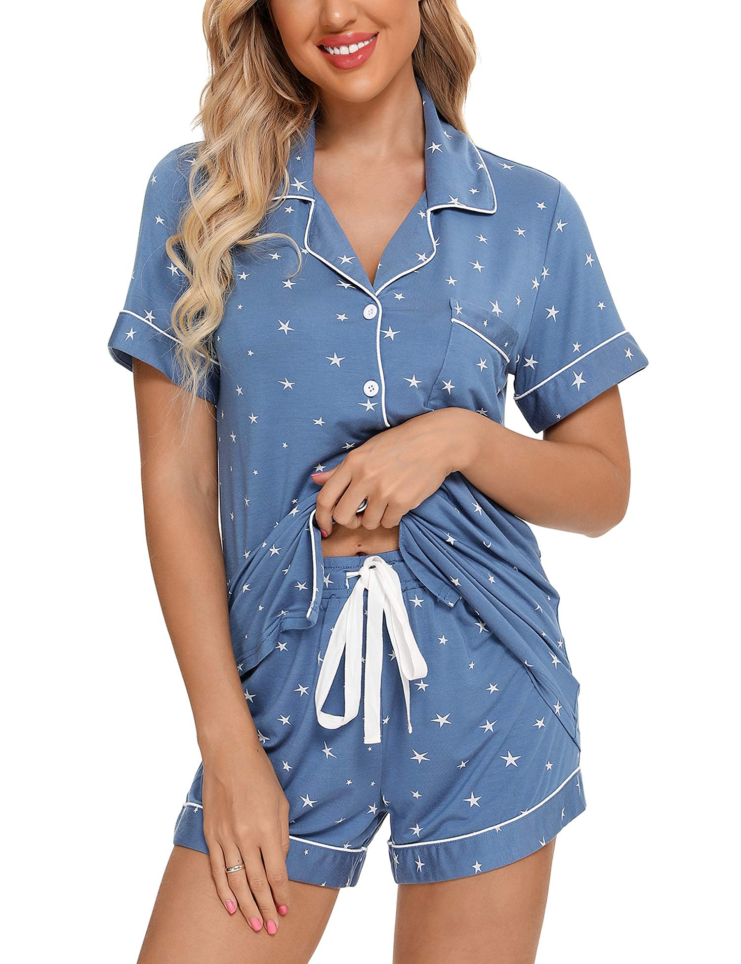 Conjunto De Pijamas Anjue Button Down Para Mulheres B-lake Blue Star