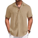Camisa Masculina Coofandy De Linho De Manga Curta Com Botões Kahki