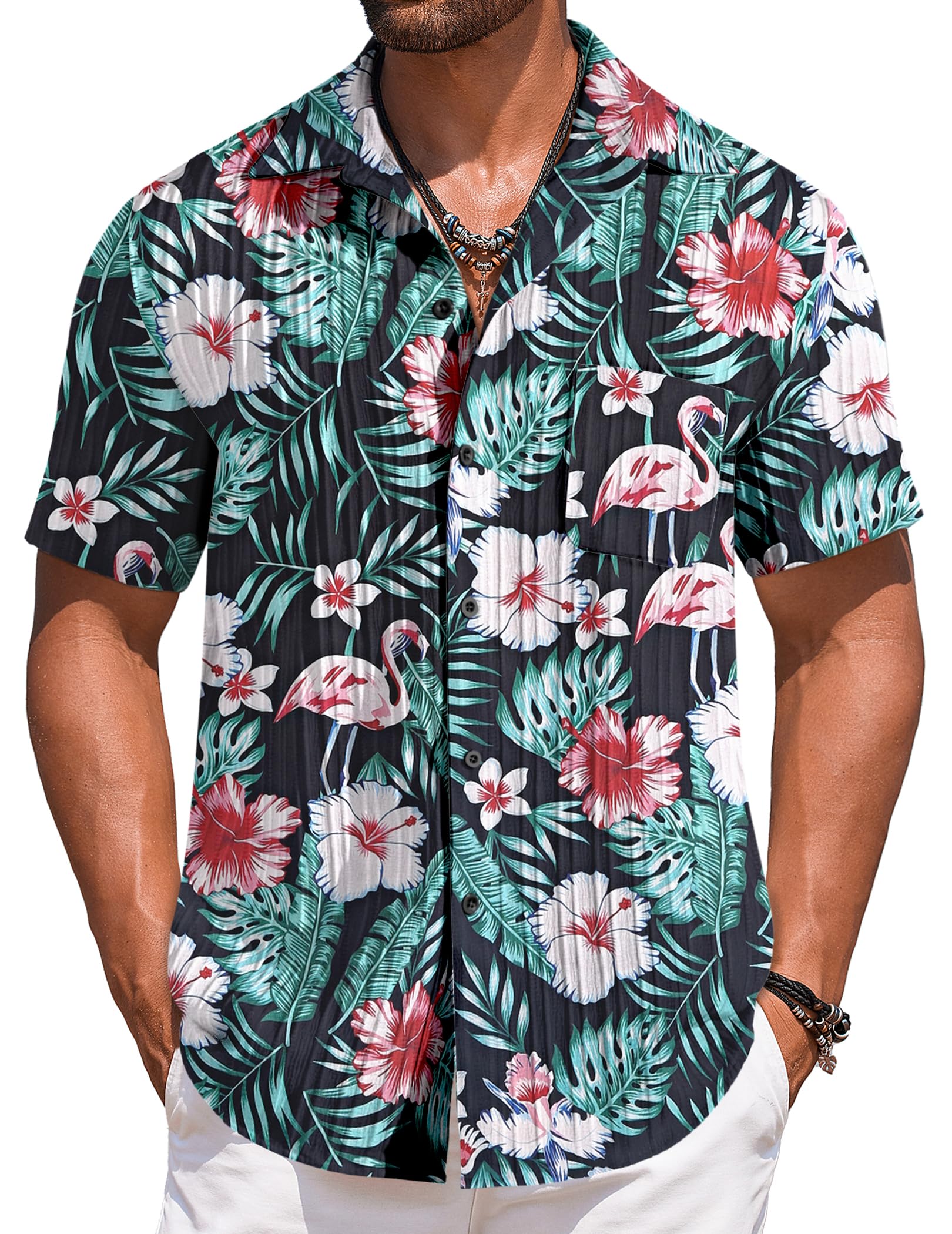 Camisa Masculina Coofandy Tropical Havaiana De Manga Curta Preta