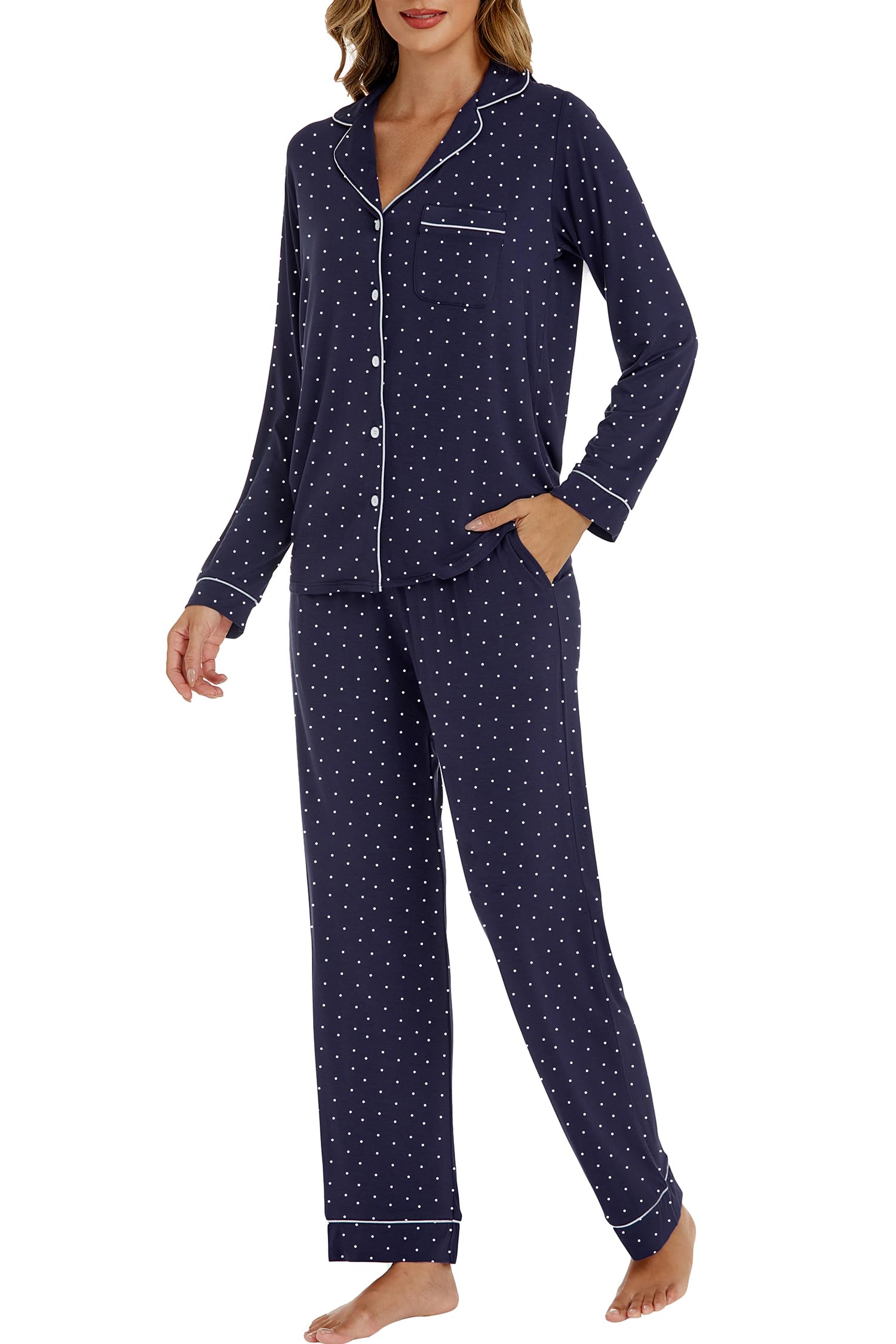 Conjunto De Pijamas Lubot Femininos De Viscose De Bambu, 2 Peças, Azul Marinho