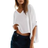 Camiseta Feminina Dokotoo Com Decote Em V, Manga Curta, Solta, Branca, S