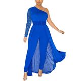 Macacão Feminino Chicyes De Cintura Alta De Um Ombro Azul Royal
