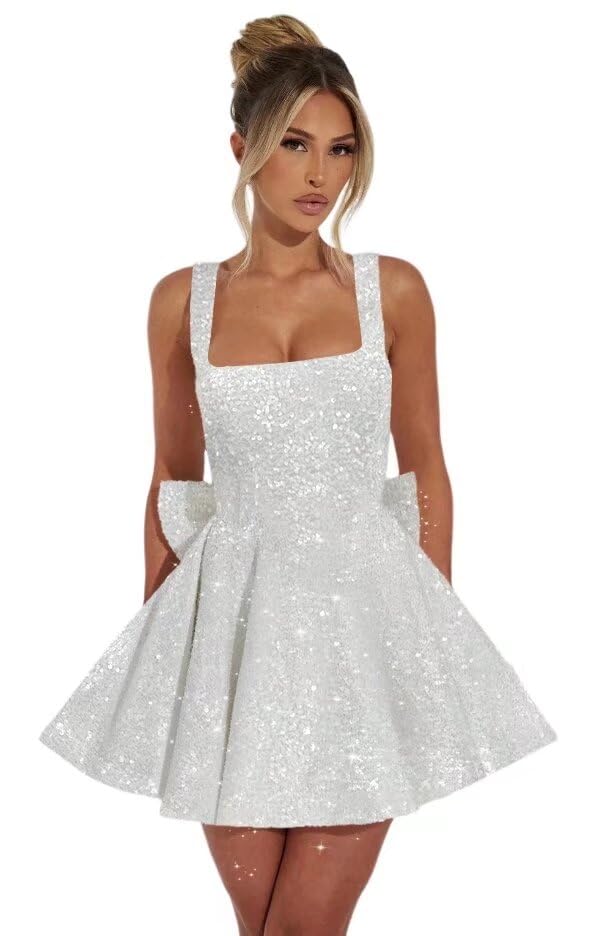 Vestido De Boas-vindas Dessiny White Sequin Aline Spaghetti Spaghetti Strap