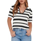 Suéter Feminino Listrado Cortado Saodimallsu De Verão, Manga Curta, Decote Em V, Gola Em V, Camisa Polo Solta, Moderna, Branca