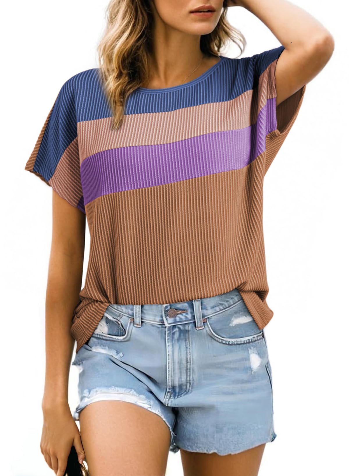 Camisa Dokotoo De Manga Curta Colorblock Para Mulheres Marrom Escuro