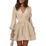 Mini Vestido Bwq De Manga Comprida Deep V A-line Flowy Apricot
