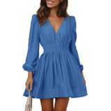 Mini Vestido Bwq De Manga Comprida Deep V A, Elástico, Azul, Feminino