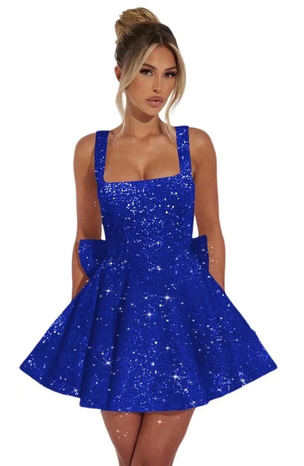 Vestido De Boas-vindas Dessiny Modest Sequin Spaghetti Strap Azul