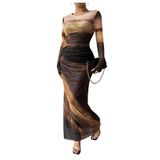 Vestido Maxi Yontuxa Tie Dye De Manga Comprida Para Mulheres Cáqui