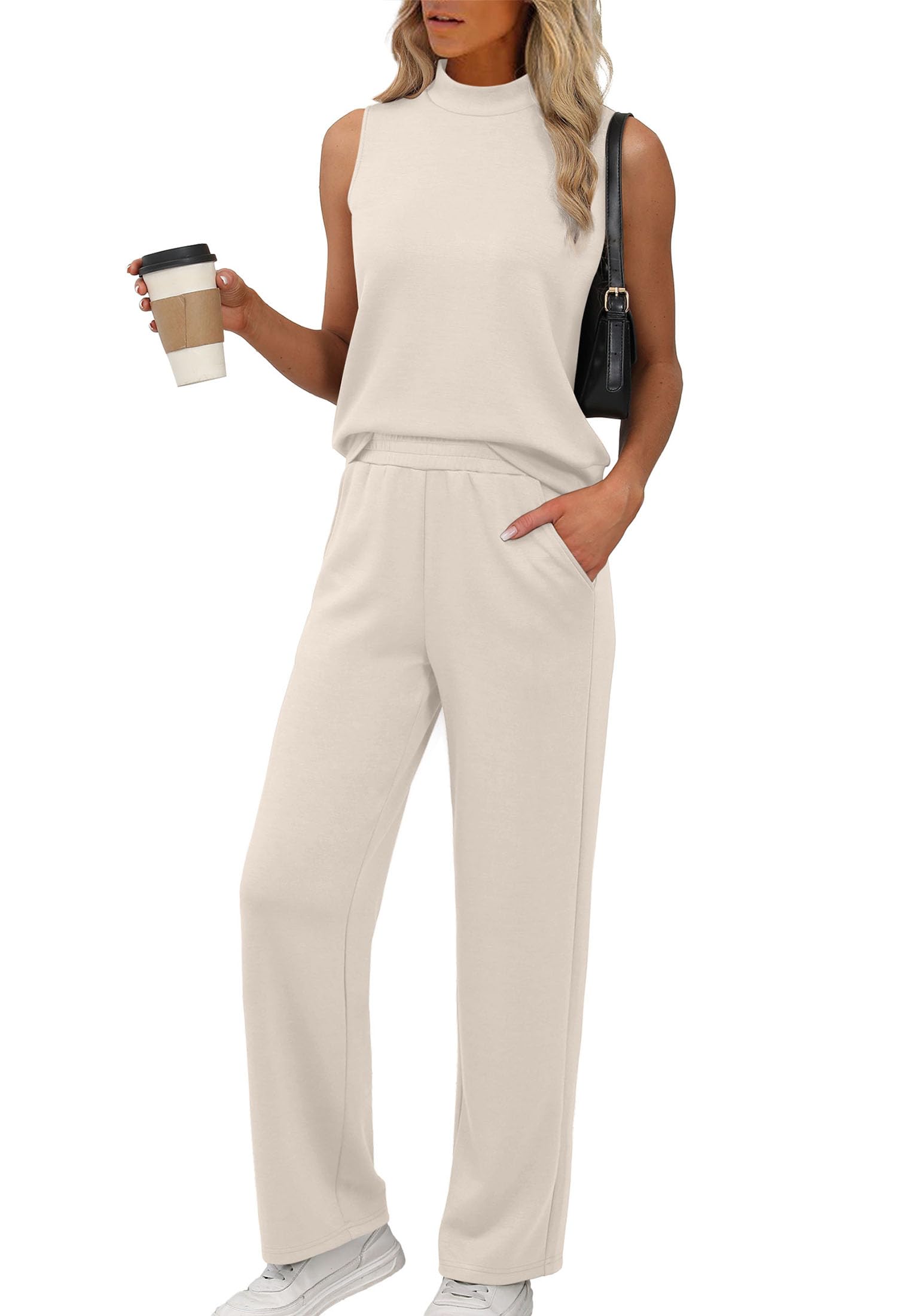 Conjunto De Lounge Xieerduo Para Mulheres, Gola Simulada, Sem Mangas, Bege, Xxl