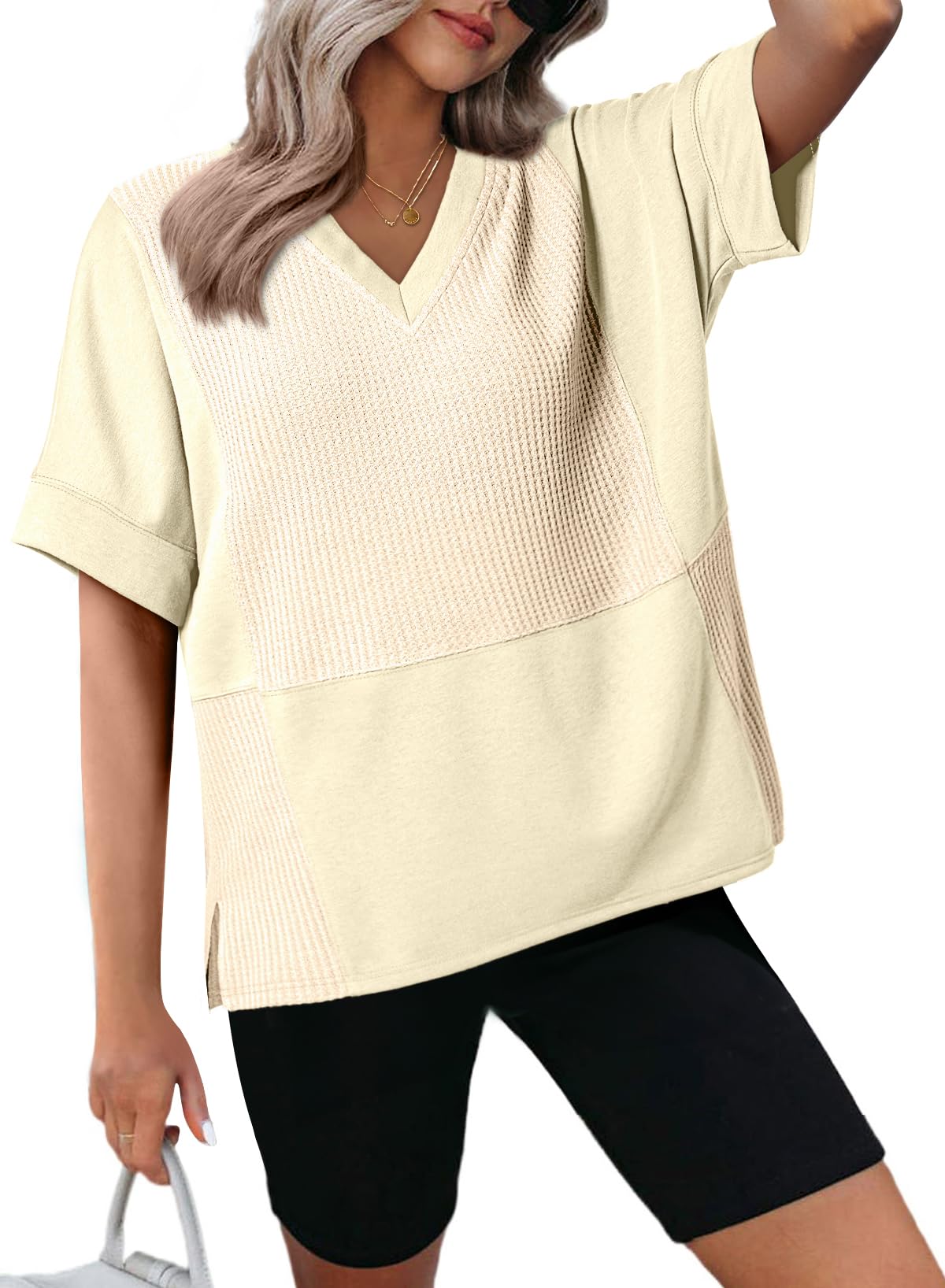 Camiseta Feminina Dokotoo Waffle Knit De Tamanho Grande Bege Com Decote Em V