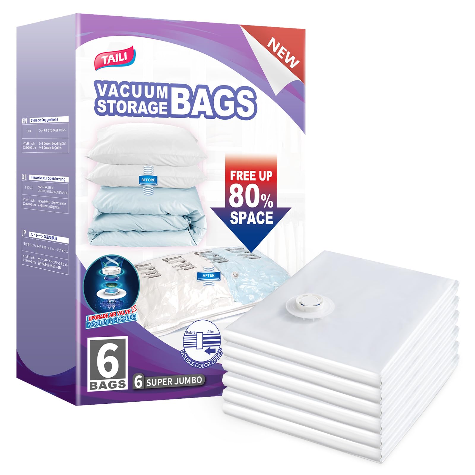 Sacos De Armazenamento A Vácuo Taili Xxl Jumbo Para Edredom, Pacote Com 6