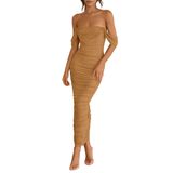 Vestido Feminino Prettygarden 2025, Verão, Sem Ombros, Marrom Xxl