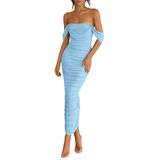 Vestido Feminino Prettygarden, De Verão, Sem Ombros, Franzido, Maxi