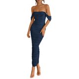 Vestido Feminino Prettygarden 2025, Verão, Sem Ombros, Azul Marinho, S