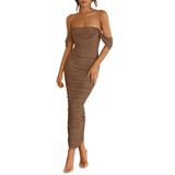 Vestido Feminino Prettygarden 2025 Summer Off Shoulder Coffee