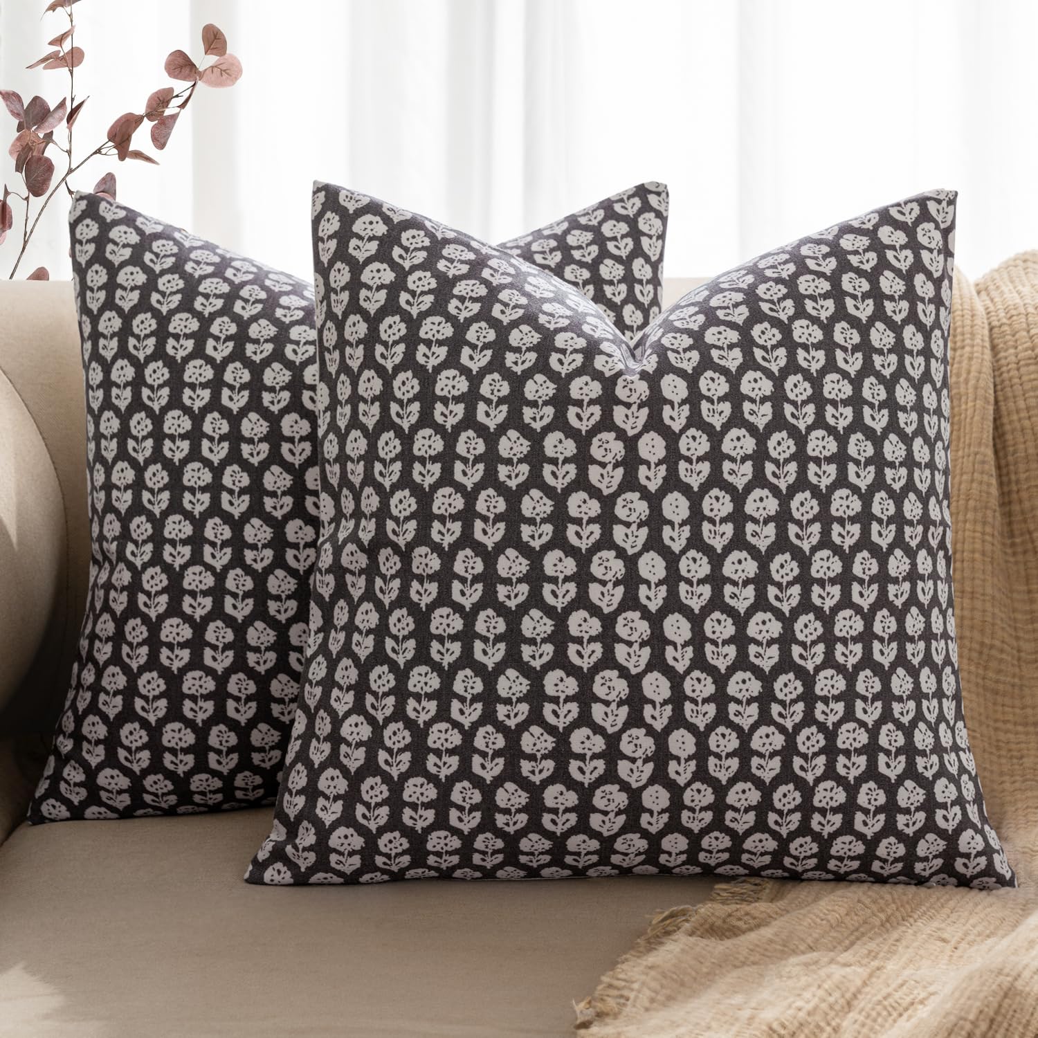 Capas De Travesseiro Miulee Floral 60x60cm, Linho E Algodão, 2 Peças