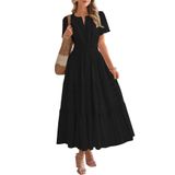 Vestido Casual Btfbm, Verão 2025, Decote Em V, Manga Curta, Preto
