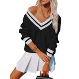 Suéter Aoudery Feminino Com Decote Em V De Grandes Dimensões Tricotado Preto 3gg