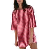 Camiseta Dress Yousify Com Bolsos: Vermelho, Branco, Listrado, Algodão