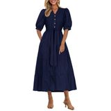 Vestido Midi Prettygarden, Verão 2025, Manga Curta, Decote Em V, Azul Marinho