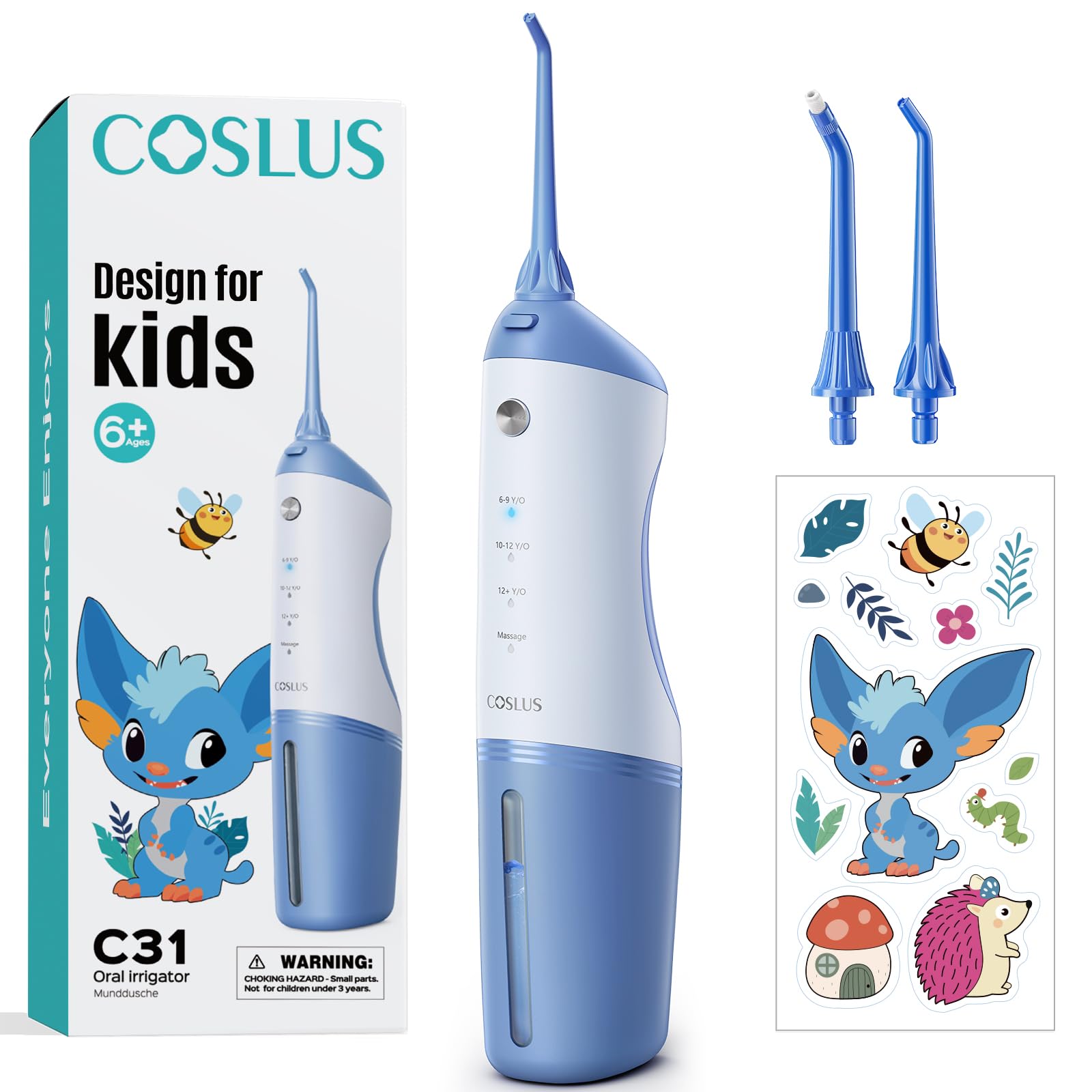 Water Flosser Coslus Cordless Para Crianças 150ml 4 Modos Azul Branco