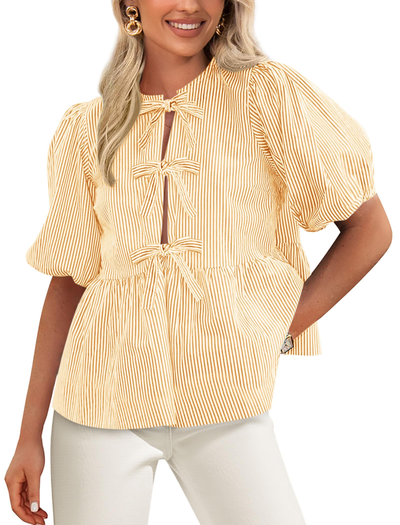 Blusa Feminina Prettygarden Com Gravata Frontal Listrada Amarela De Verão