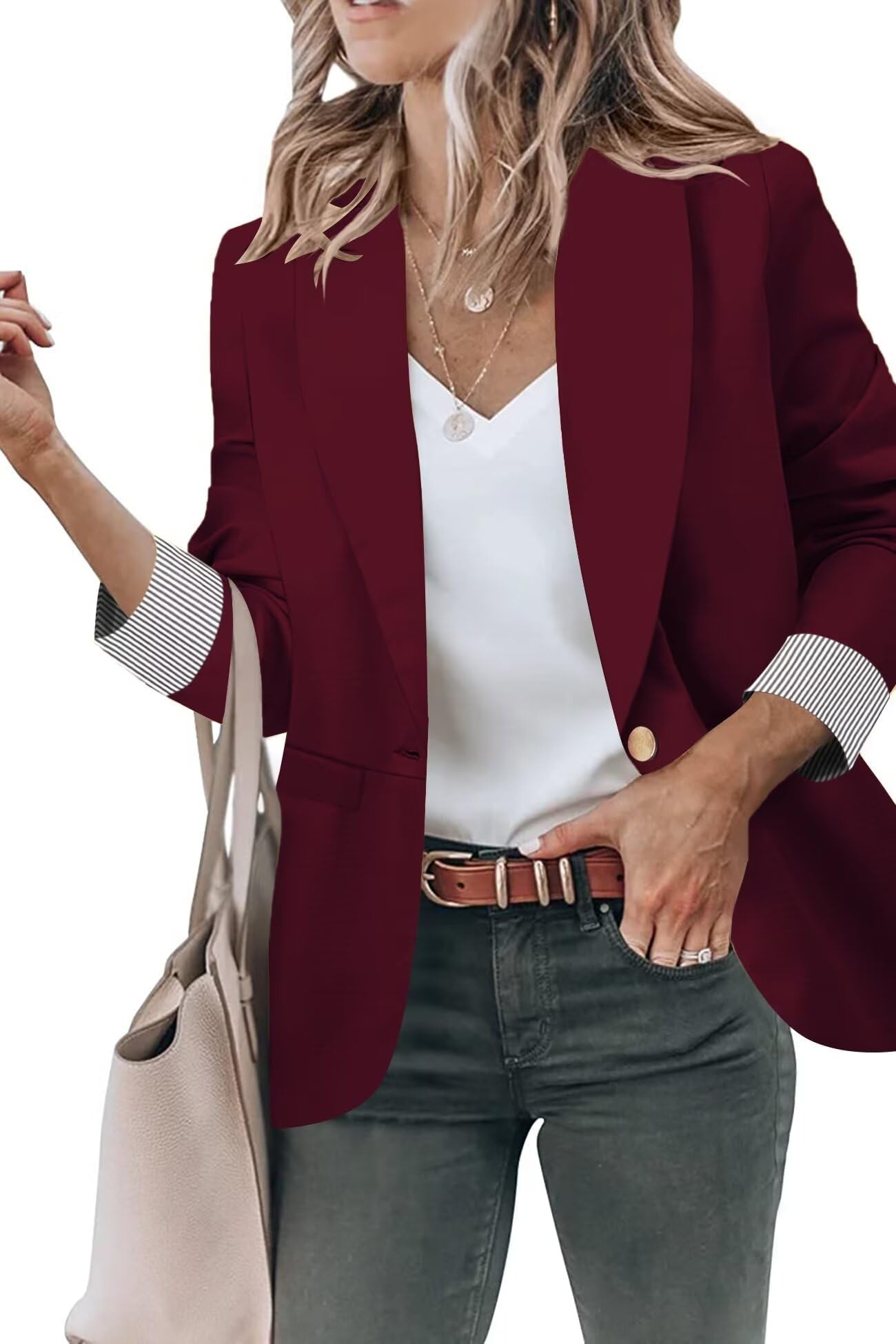 Blazer Genhoo Feminino De Manga Comprida Casual Com Bolsos, Vinho Tinto Gg