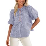 Blusa Feminina Prettygarden, Gravata Frontal, Listrada, 2025, Azul Marinho