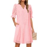 Mini Vestido Merokeety 2025 De Verão De Manga Curta Com Decote Em V Rosa