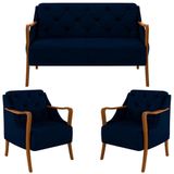Kit Namoradeira 135cm E 2 Poltronas Decorativas Capitonê Lapa M22 Veludo Azul Marinho - Mpozenato