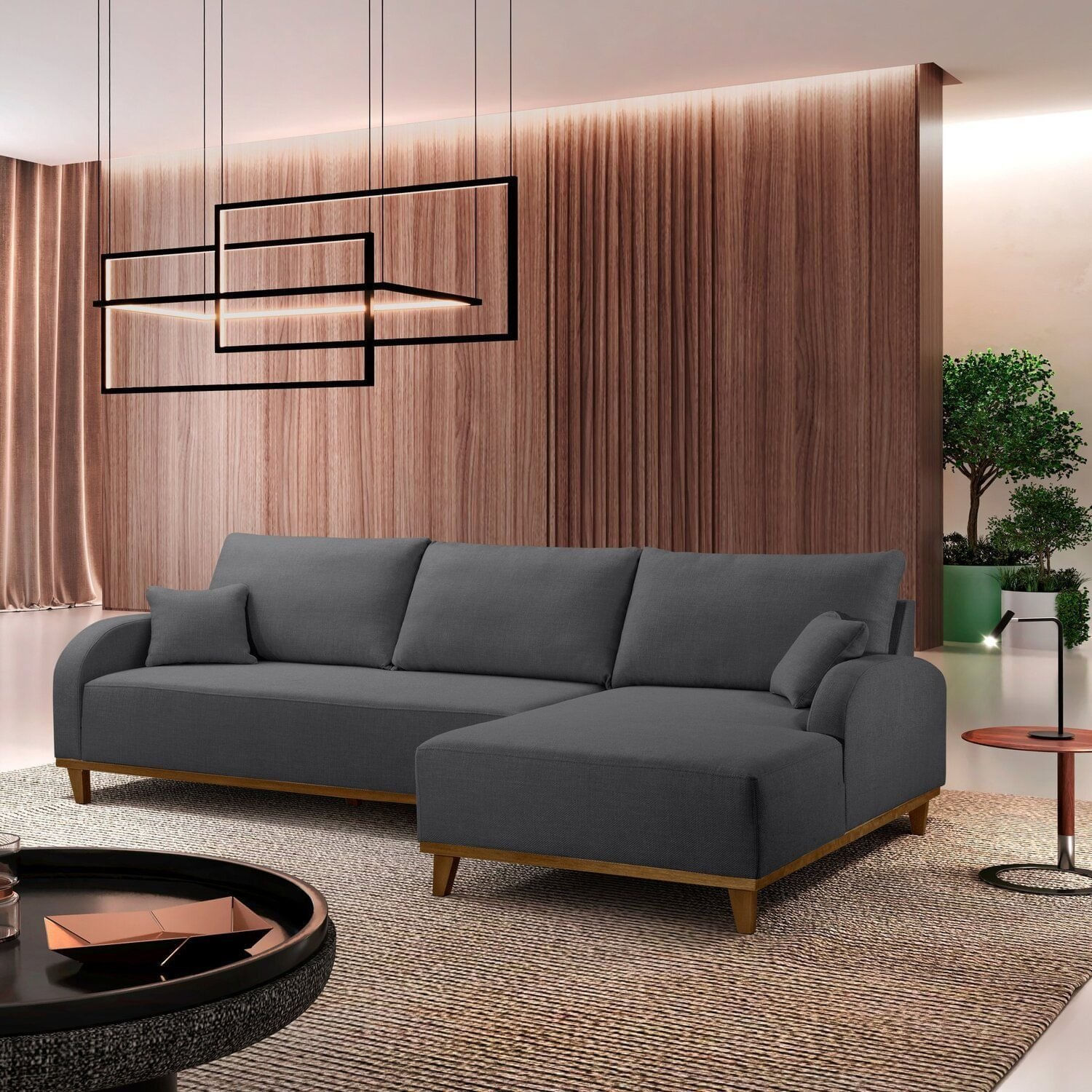 Sofá 3 Lugares Com Chaise Lado Direito 250cm Em Linho Mercúrio Grafite