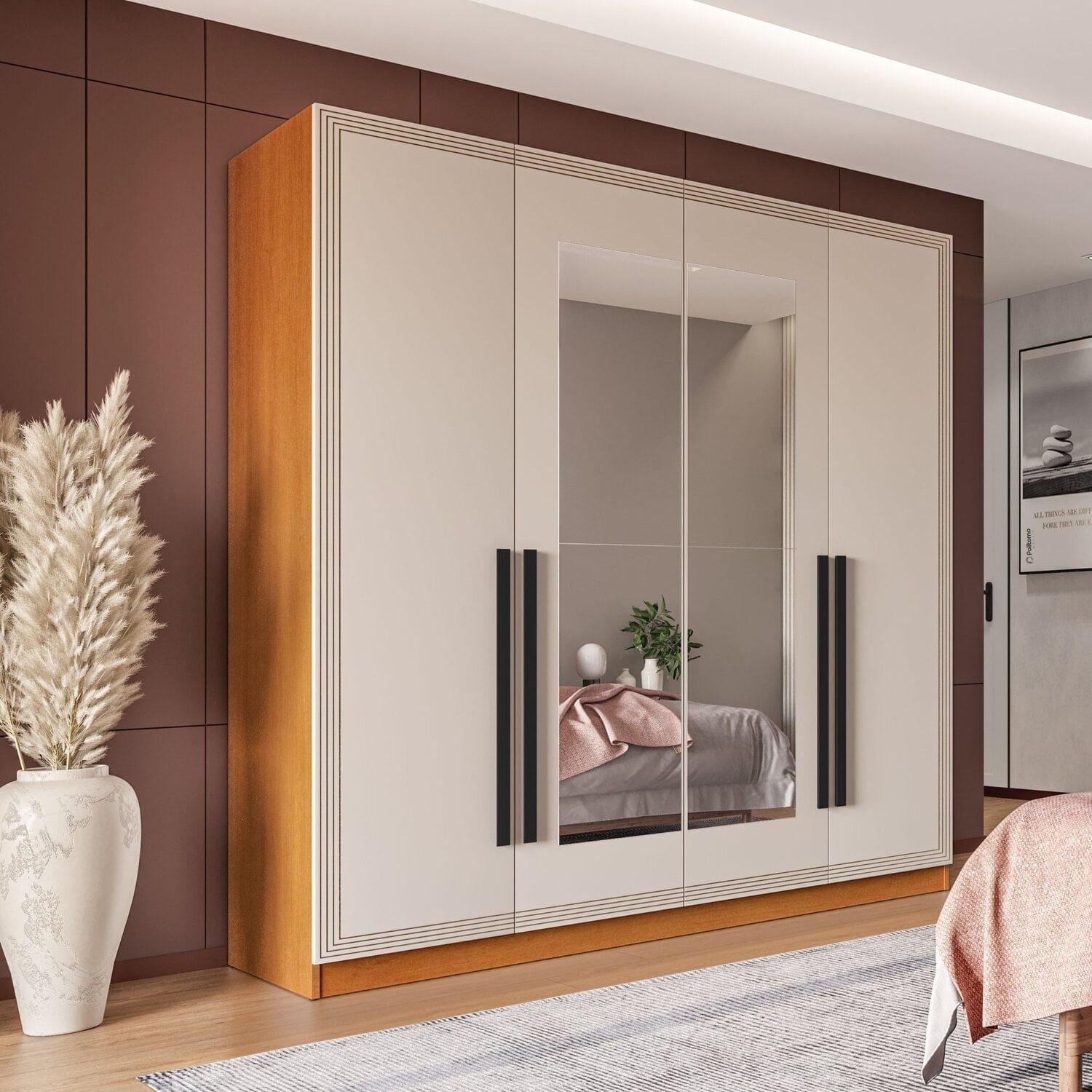 Guarda Roupa 4 Portas E 4 Gavetas Com Espelho Valência Freijo/creme