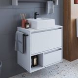 Gabinete De Banheiro Suspenso 60cm Com 1 Nicho 1 Toalheiro 1 Porta E 1 Gaveta Com Cuba Branco