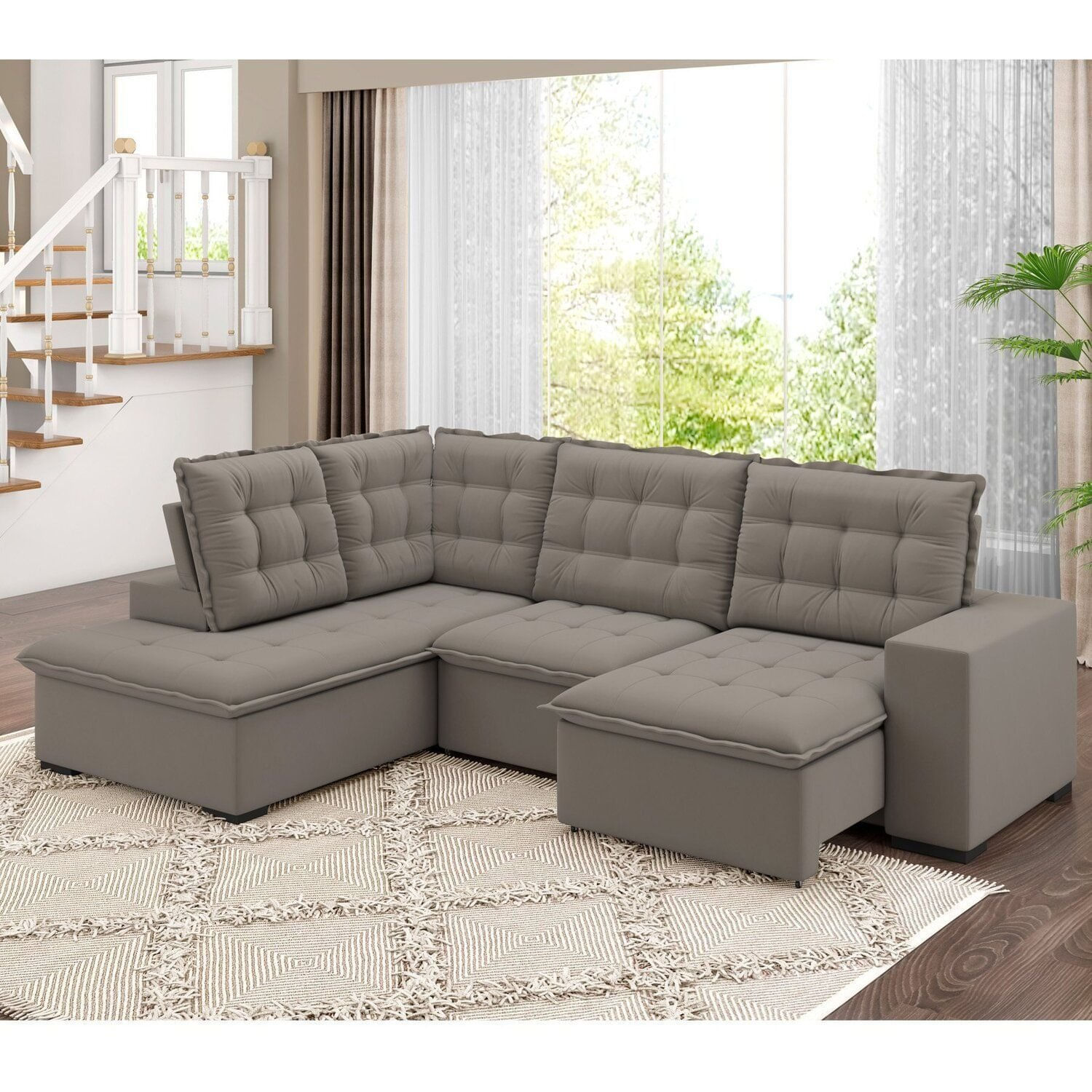 Sofá De Canto Retrátil E Reclinável 5 Lugares 310cm Belluno Bege